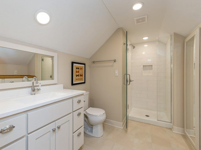 bathroom with tile patterned floors, a shower with door, vanity, toilet, and vaulted ceiling