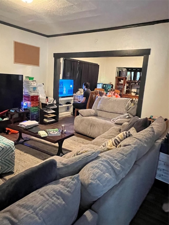 living room featuring a textured ceiling and ornamental molding