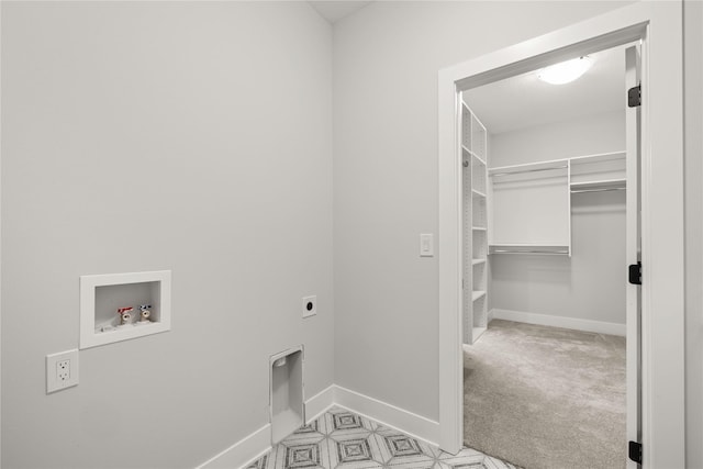 laundry area with light colored carpet, electric dryer hookup, and hookup for a washing machine