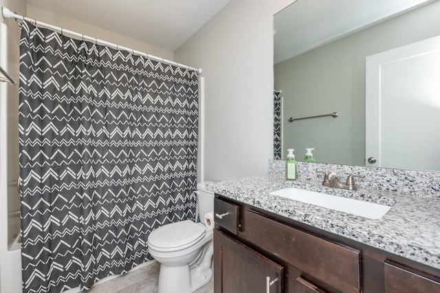 bathroom with toilet, vanity, tile patterned floors, and curtained shower