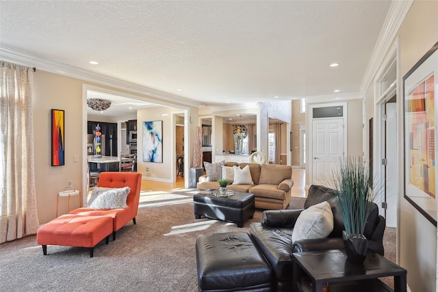 living room with carpet and ornamental molding