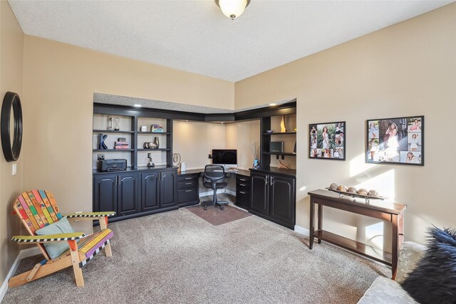 carpeted office space with a textured ceiling