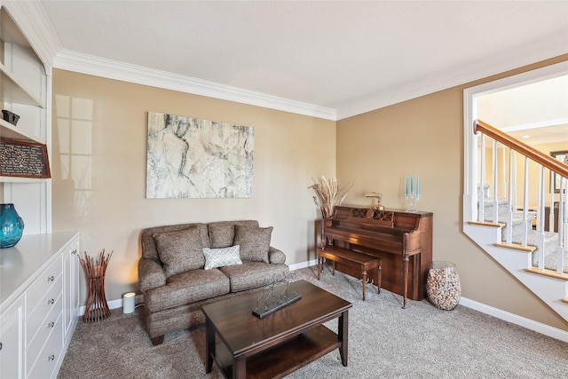 living room featuring crown molding and carpet flooring