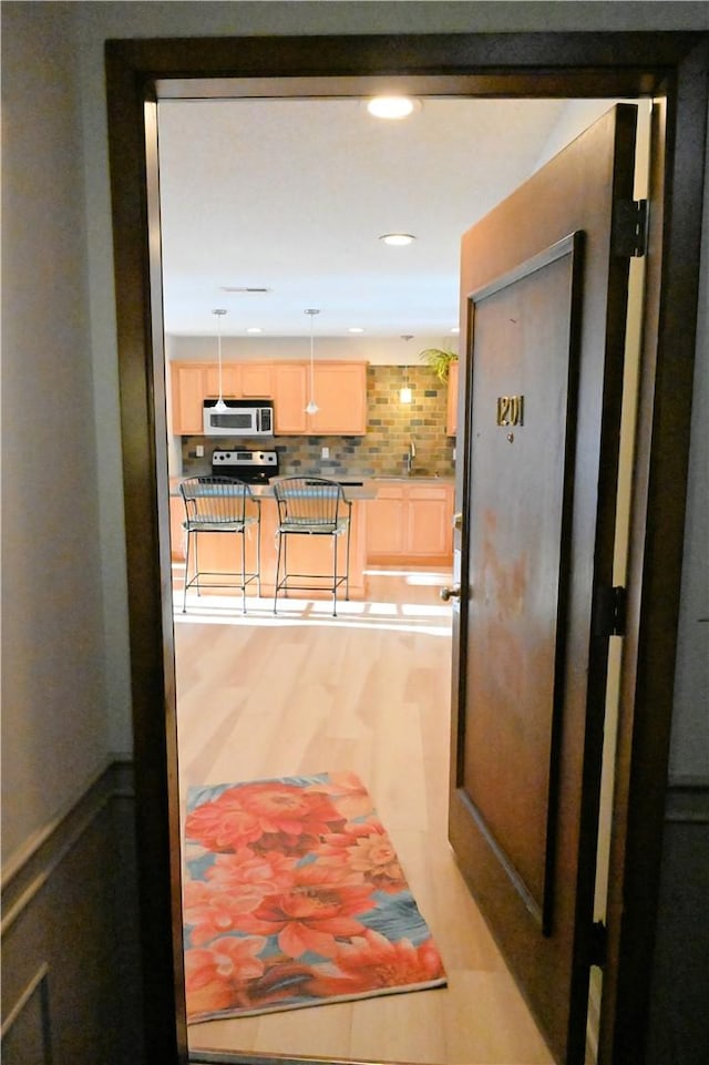 hall featuring light wood-type flooring and sink