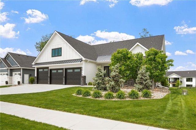 modern farmhouse style home with a front lawn