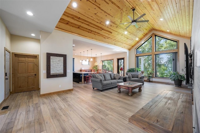 living room with light wood-type flooring, ceiling fan, high vaulted ceiling, and wooden ceiling