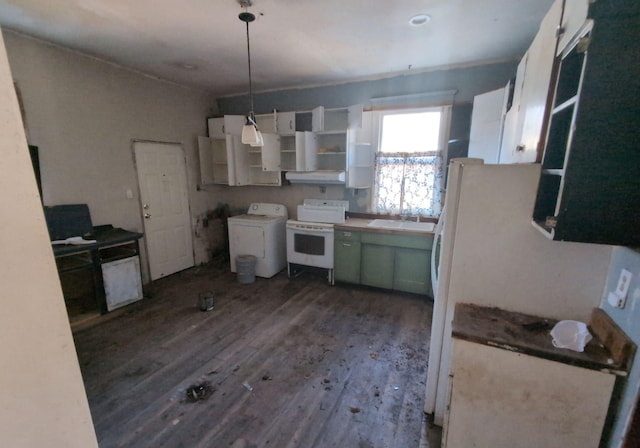 kitchen featuring white cabinetry, white appliances, dark hardwood / wood-style flooring, washer / clothes dryer, and sink