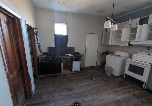 kitchen with hanging light fixtures, washer / clothes dryer, dark hardwood / wood-style flooring, and white cabinetry