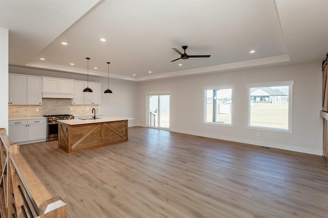 kitchen featuring high end stainless steel range, white cabinets, and a tray ceiling