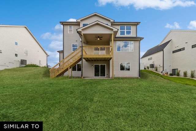 back of house featuring a lawn, central air condition unit, ceiling fan, and a deck