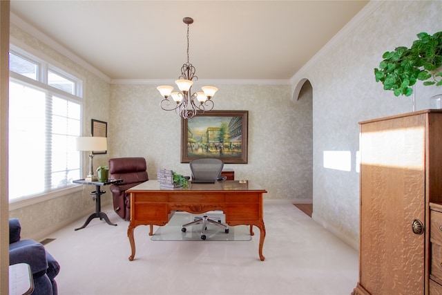 office space with light colored carpet, ornamental molding, and a chandelier