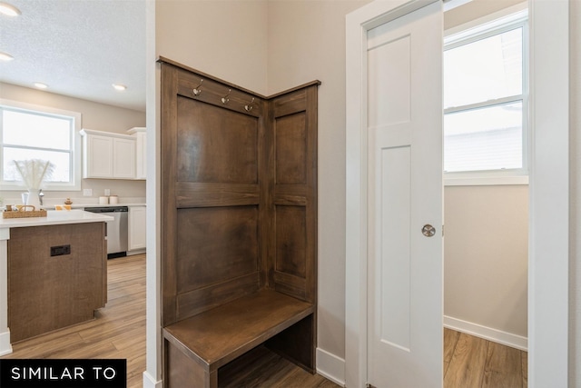 mudroom with light hardwood / wood-style floors