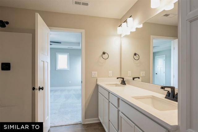 bathroom with vanity and hardwood / wood-style floors