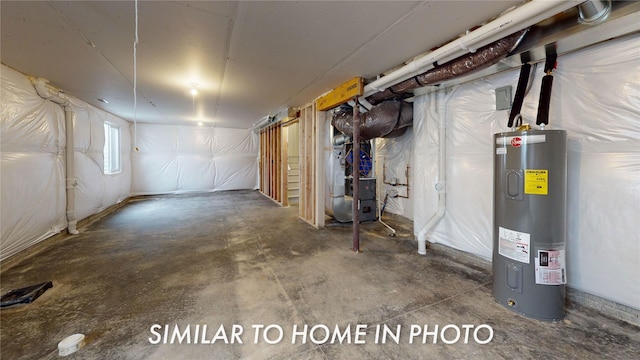 basement with electric water heater and heating unit