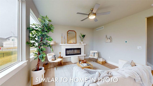 living room with ceiling fan, wood-type flooring, and a premium fireplace