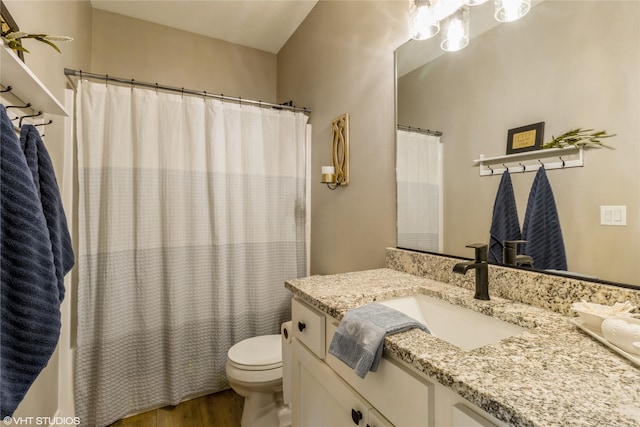 bathroom with toilet, wood-type flooring, and vanity