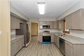 kitchen featuring sink, light stone counters, stainless steel appliances, and light hardwood / wood-style flooring