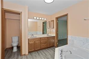 bathroom with toilet, hardwood / wood-style flooring, a tub, and vanity