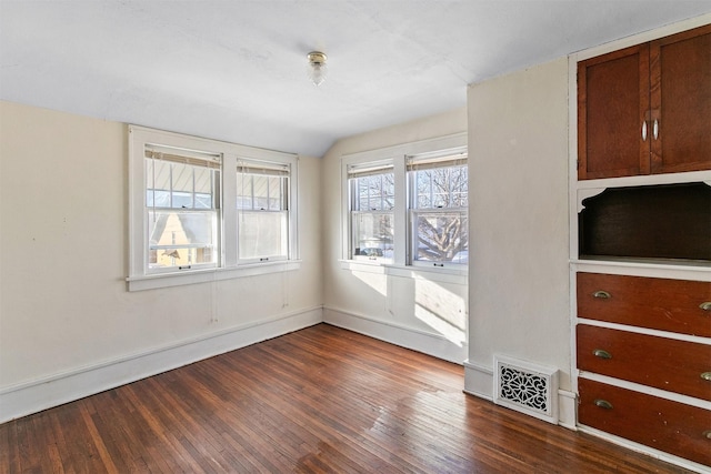 empty room featuring lofted ceiling and dark wood-type flooring