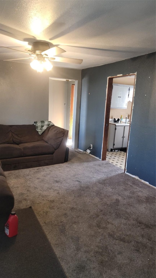 carpeted living room with ceiling fan, washer / clothes dryer, and a textured ceiling