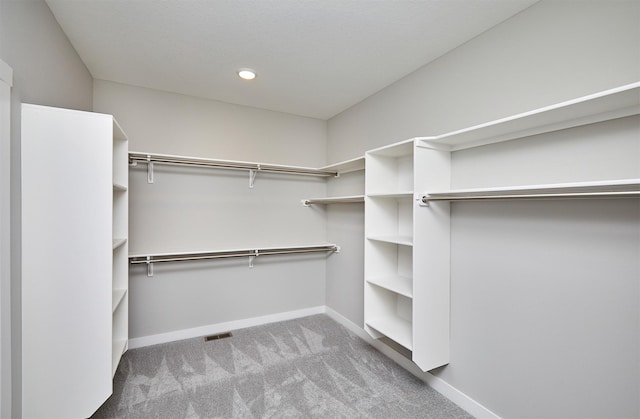 walk in closet featuring light colored carpet