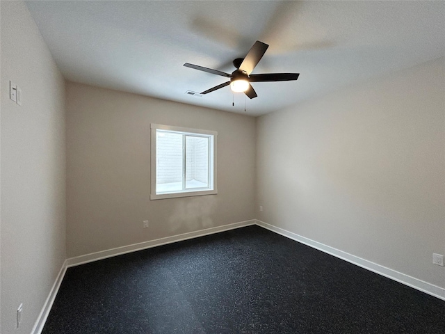 unfurnished room featuring a ceiling fan, visible vents, and baseboards