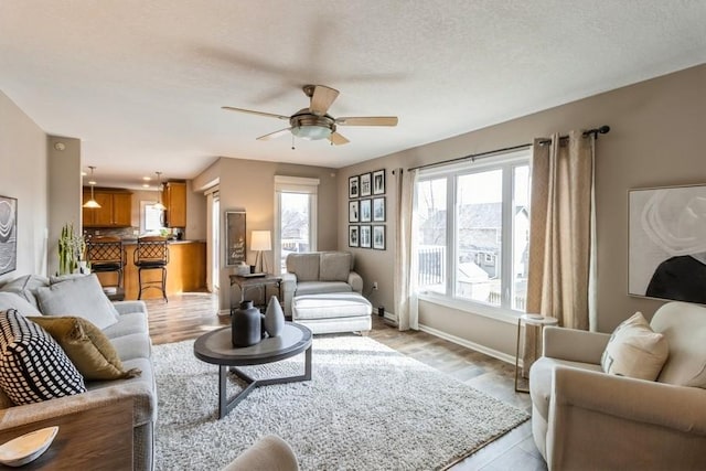 living room with ceiling fan, light hardwood / wood-style flooring, and a healthy amount of sunlight