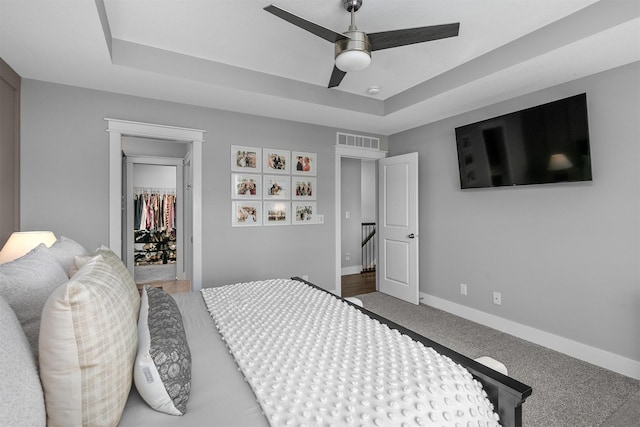 bedroom featuring ceiling fan, a tray ceiling, carpet flooring, a walk in closet, and a closet