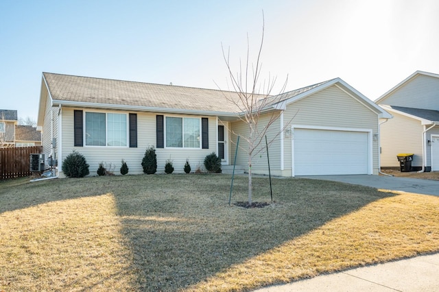 single story home featuring a front lawn, central AC, and a garage