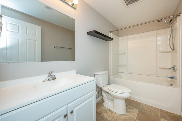 bathroom with vanity, toilet, shower / bath combination, baseboards, and visible vents