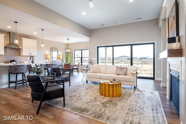 living room with dark hardwood / wood-style flooring