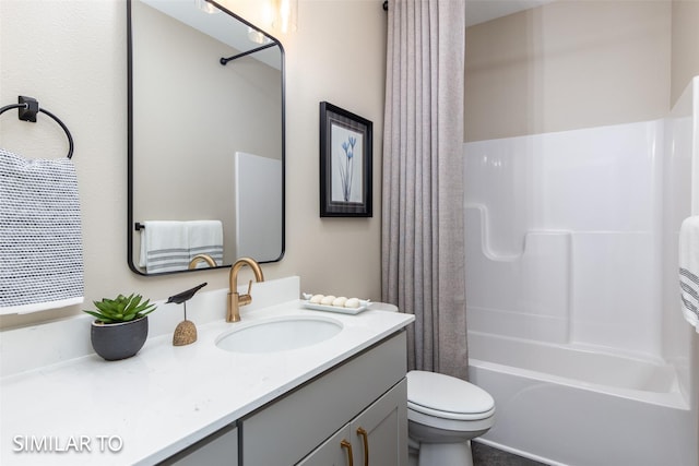 full bathroom with toilet, vanity, and shower / bathtub combination with curtain