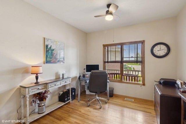 office area featuring ceiling fan and light hardwood / wood-style floors