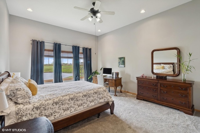 carpeted bedroom featuring ceiling fan