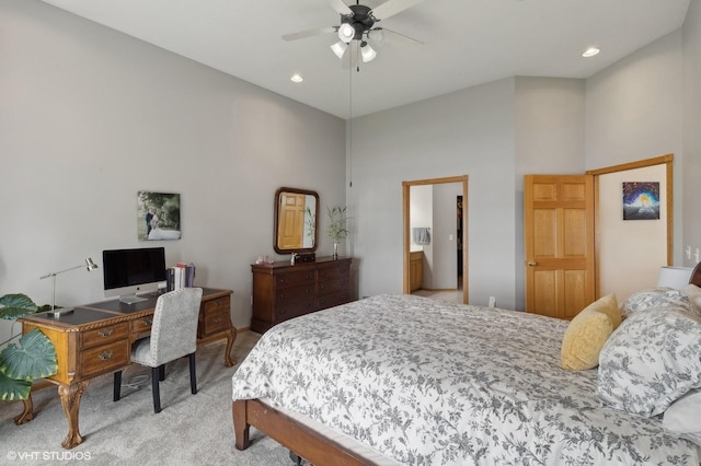 bedroom featuring ceiling fan and light colored carpet