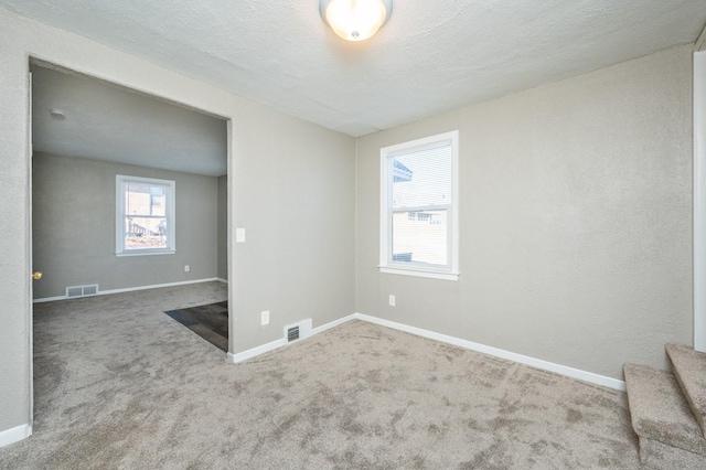 spare room featuring carpet and a textured ceiling