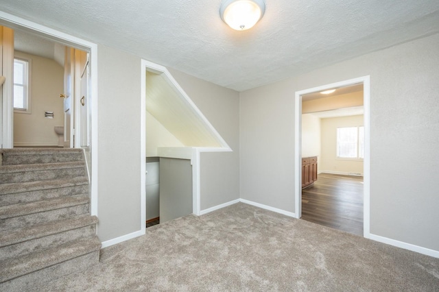 interior space with a wealth of natural light, carpet, and a textured ceiling