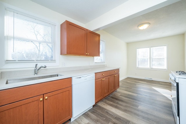 kitchen with wood-type flooring, sink, and white appliances