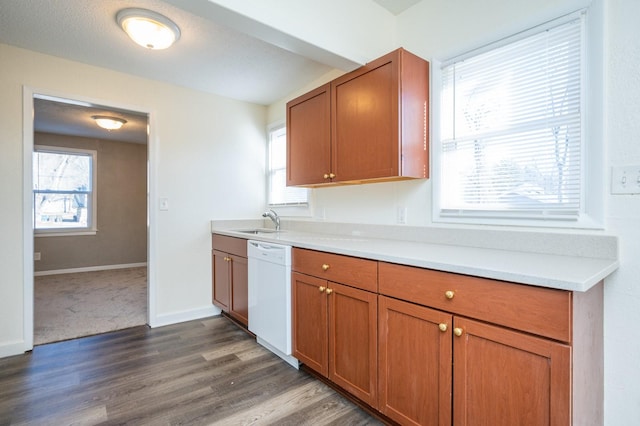 kitchen with white dishwasher, sink, dark hardwood / wood-style flooring, and a healthy amount of sunlight