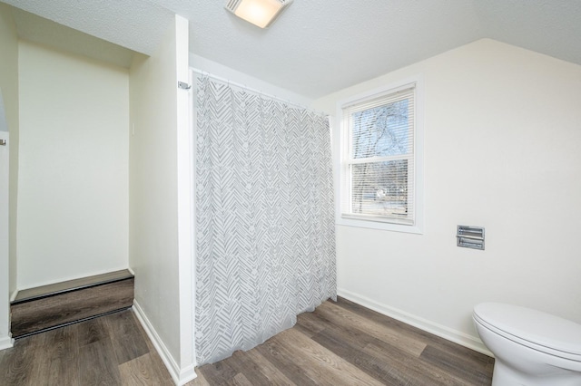 bathroom featuring toilet, lofted ceiling, a textured ceiling, and hardwood / wood-style flooring