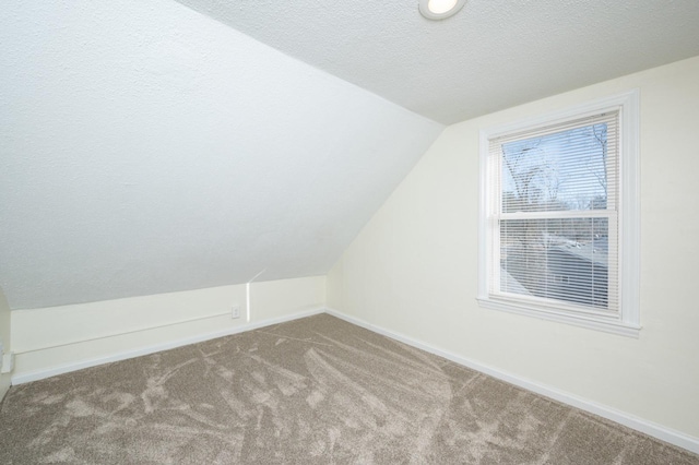 additional living space with carpet, lofted ceiling, and a textured ceiling