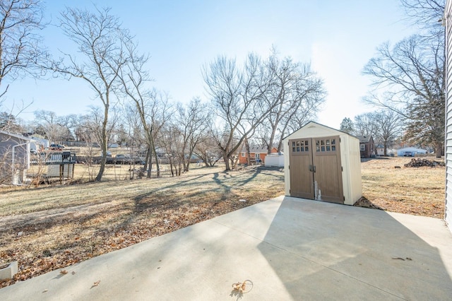 exterior space with a shed