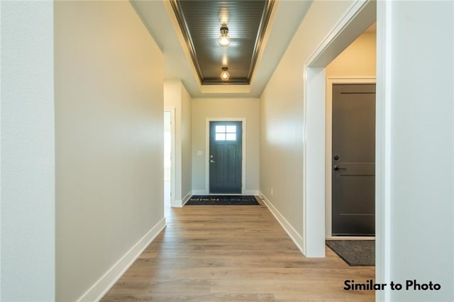 doorway to outside with a raised ceiling and light wood-type flooring