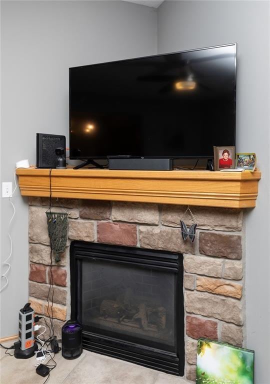 interior details with a stone fireplace