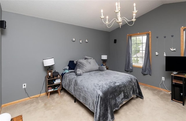 carpeted bedroom featuring vaulted ceiling and an inviting chandelier