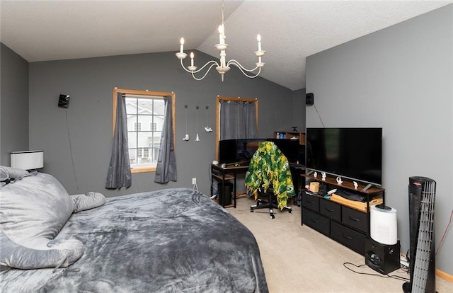 carpeted bedroom featuring an inviting chandelier and vaulted ceiling