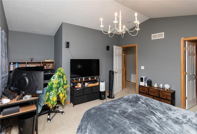 carpeted bedroom with vaulted ceiling and an inviting chandelier