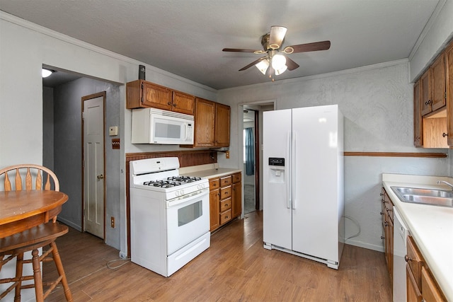 kitchen with sink, light wood-type flooring, white appliances, and crown molding