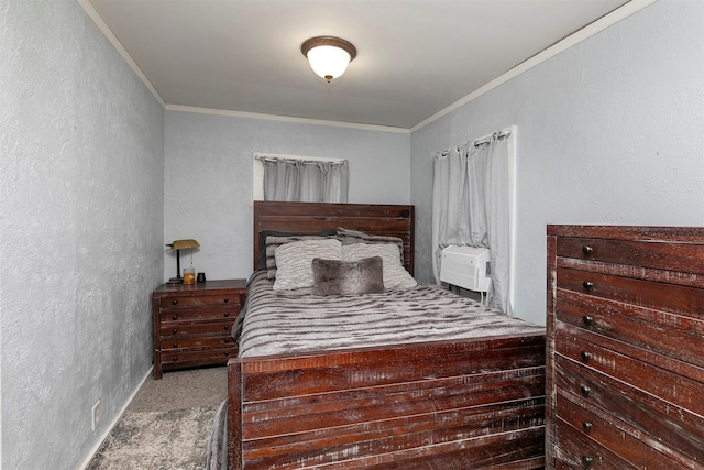 carpeted bedroom with crown molding