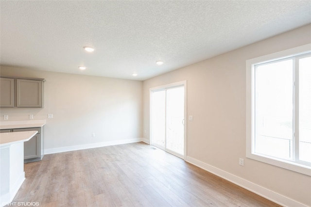 unfurnished living room featuring a textured ceiling, light wood finished floors, and plenty of natural light